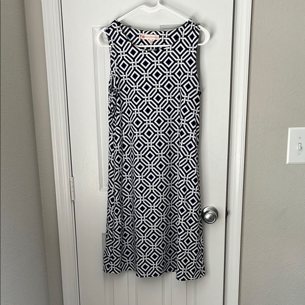 Jude Connally Navy and White Pattern Sheath Midi Dress